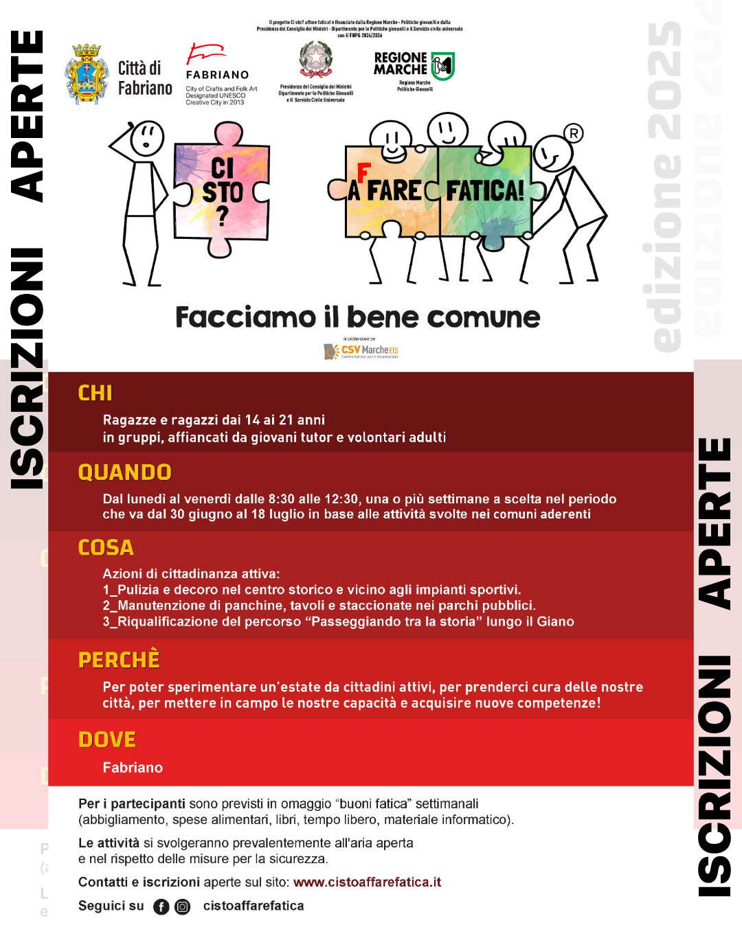 FABRIANO ADERISCE AL PROGETTO “CI STO AFFARE FATICA! – FACCIAMO IL BENE COMUNE” TRE SETTIMANE DEDICATE AI GIOVANI E ALLA CURA DEGLI SPAZI URBANI